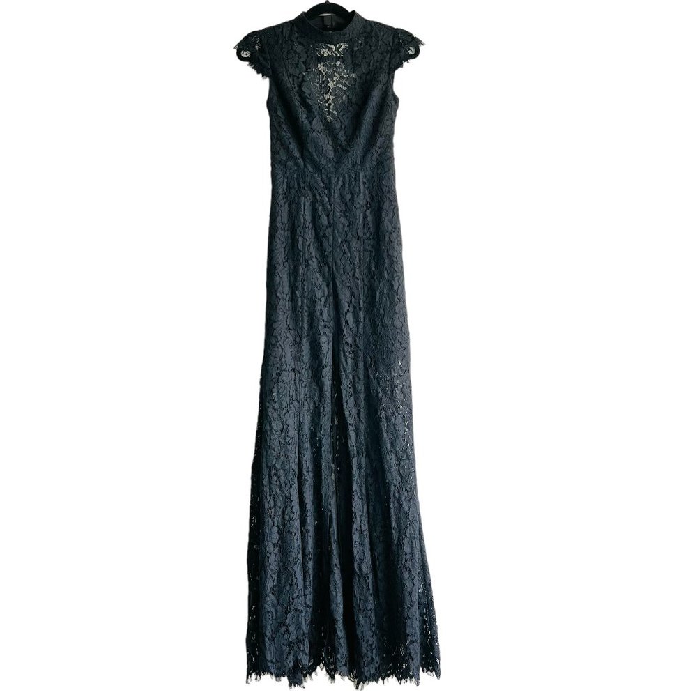 Fame and Partners Black lace open back fit and flare gown